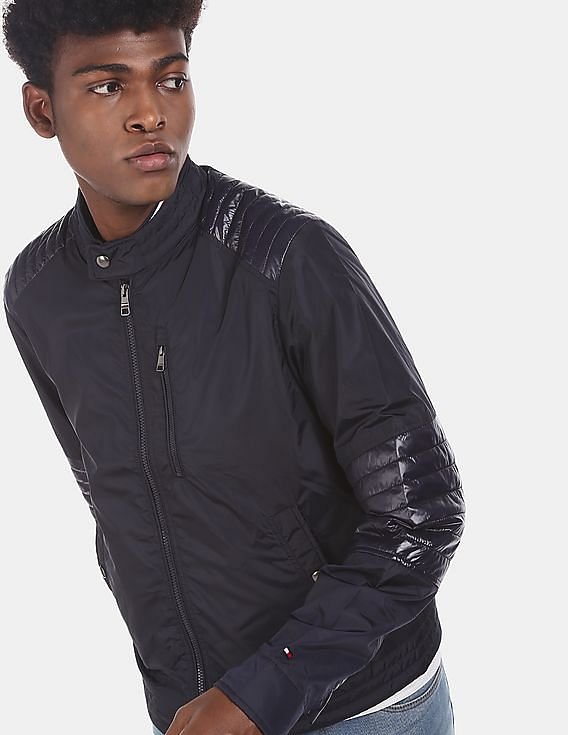 Men Navy Stand Collar Café Racer Jacket