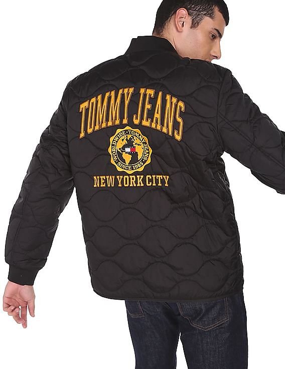 Men Black Sleeveless Collegiate Quilted Bomber Jacket