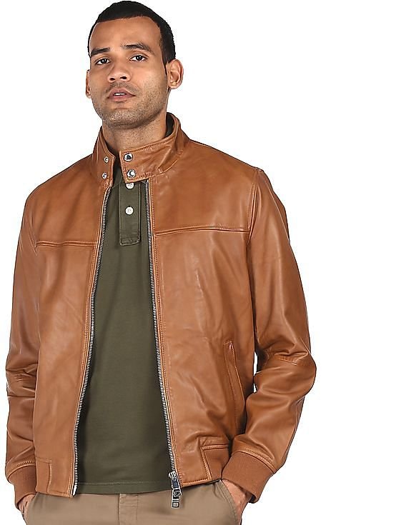 Men Brown High Neck Harrington Jacket