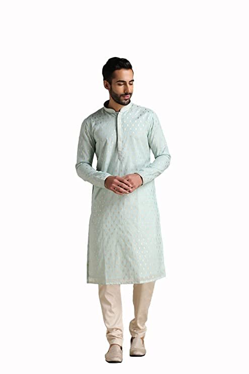 Kurta Set for Men, Full Sleeves Mandarin Collar Ethnic Men’s Kurta Set for Engagement, Wedding, Party Chanderi Printed (Pista)