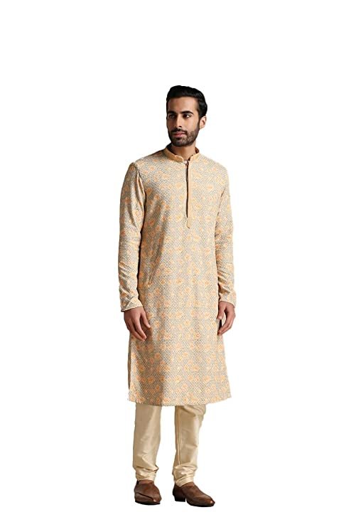 Kurta Set for Men, Full Sleeves Mandarin Collar Ethnic Men’s Kurta Set for Engagement, Wedding, Party Blended Cotton Printed (Pista)