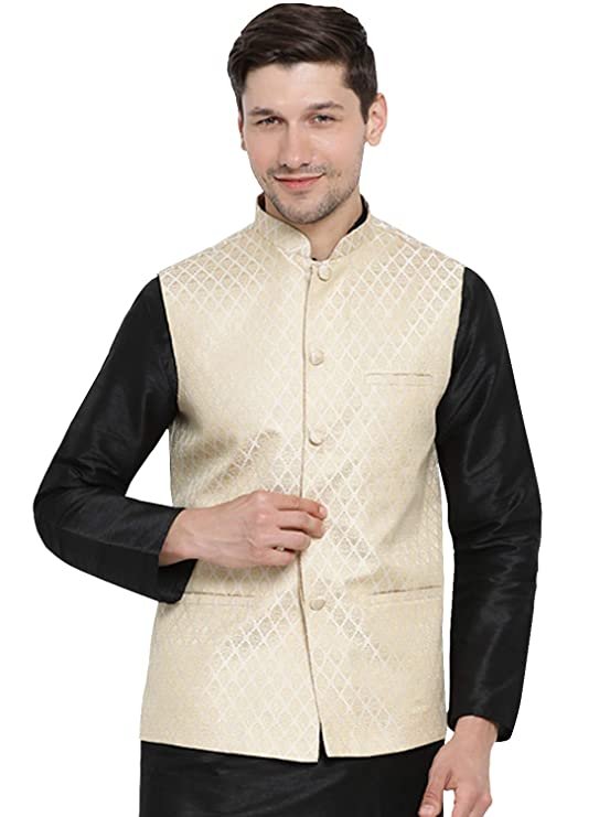 VASTRAMAY Men’s Cream Cotton Silk Blend Ethnic Jacket