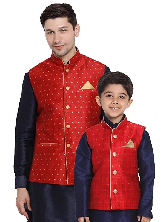 VASTRAMAY Baap Beta Deep Blue Nehru Jacket