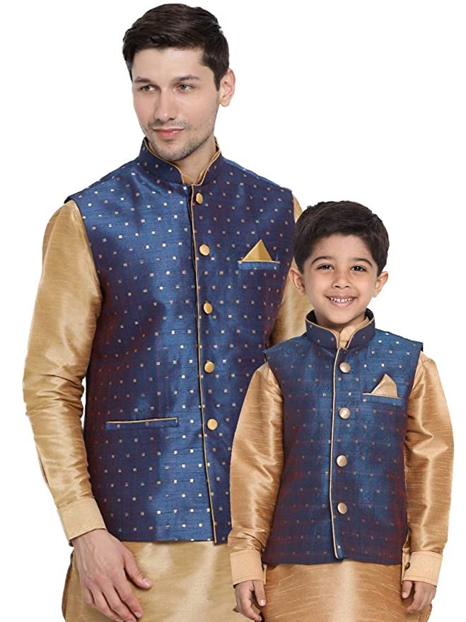 VASTRAMAY Baap Beta Deep Blue Nehru Jacket