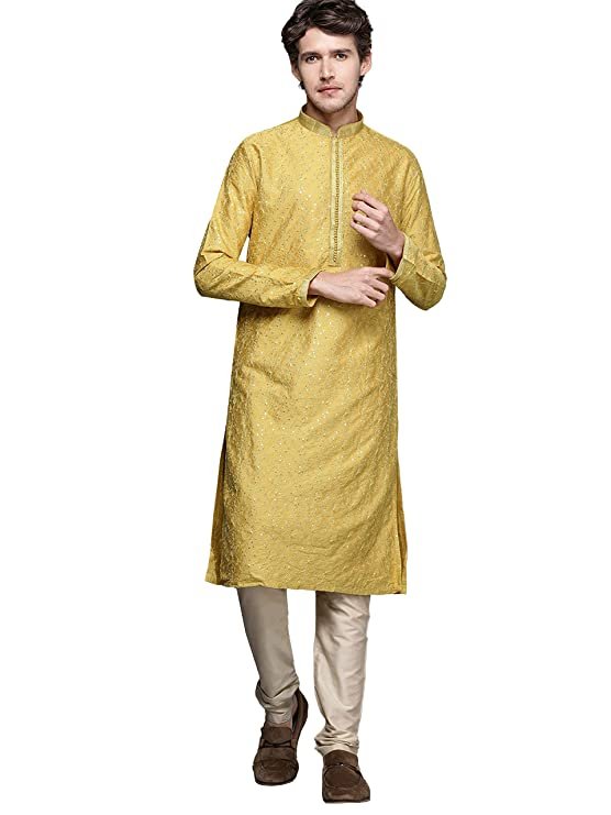 Kurta Set for Men, Full Sleeves Mandarin Collar Ethnic Kurta Set for Engagement, Wedding, Party All Over Self Design (Mustard)