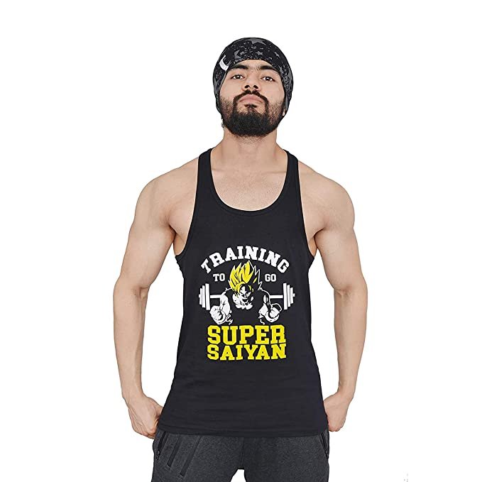Anax Aesthetics X Dragon Ball Z 100% Cotton Grafiko Super Saiyan Sleeveless Gym Stringer Vest for Men