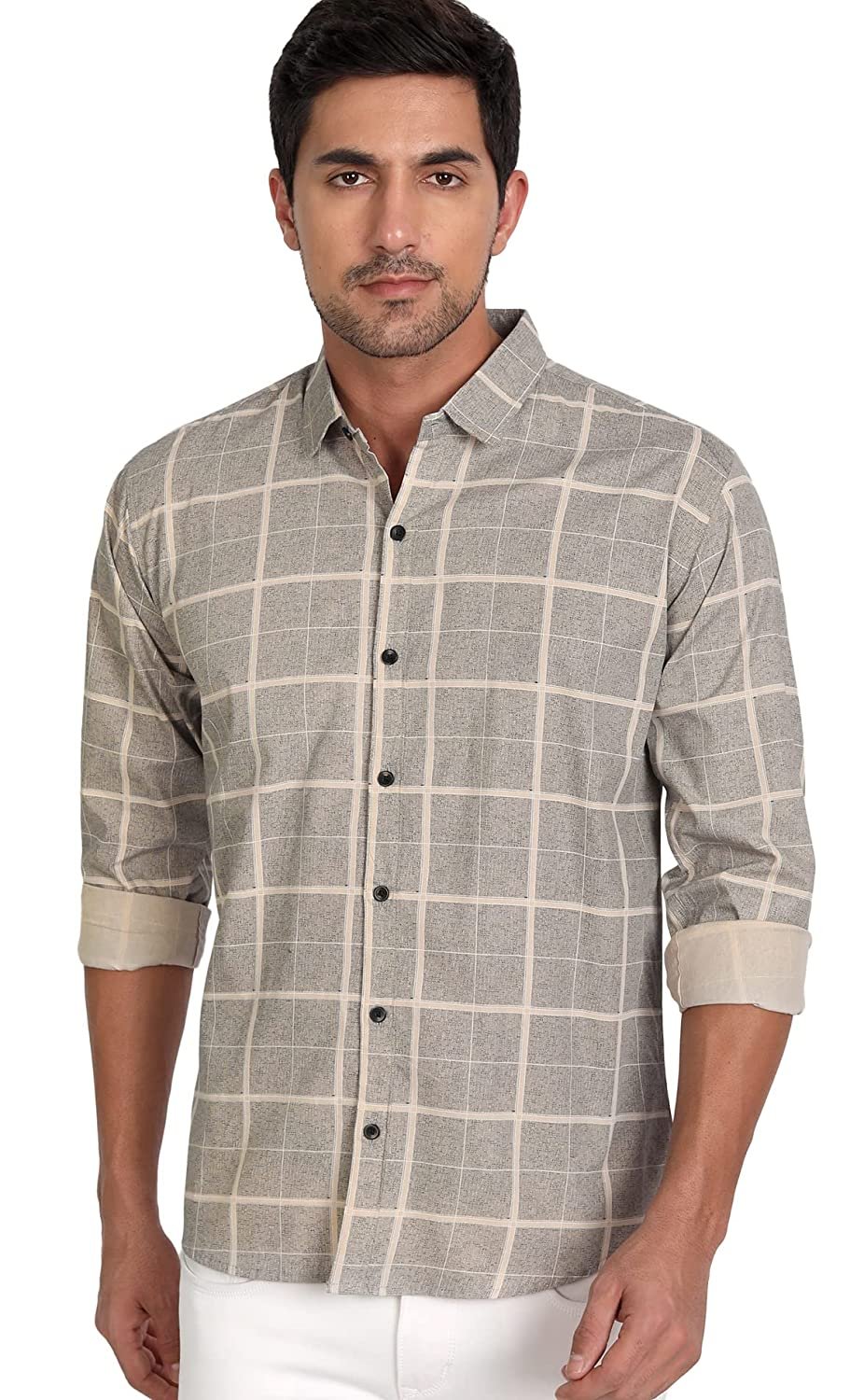 IndoPrimo Men’s Regular Fit Cotton Casual Checks Shirt for Men Full Sleeves