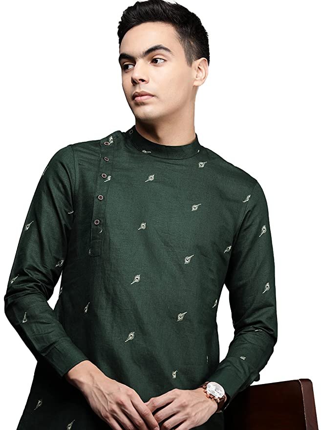 Men’s Kurta, Full Sleeves Mandarin Collar Ethnic Knee-Length Kurta Only, Kurta for Festival, Wedding, Party, and Anniversary, Blended Linen (Green)